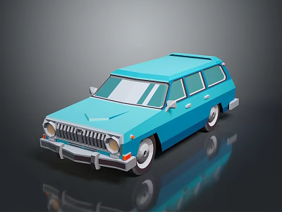 Blue Vintage Station Wagon Car With Retro Front Grille And Classic Wheels 3d model