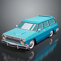Blue Vintage Station Wagon Car With Retro Front Grille And Classic Wheels