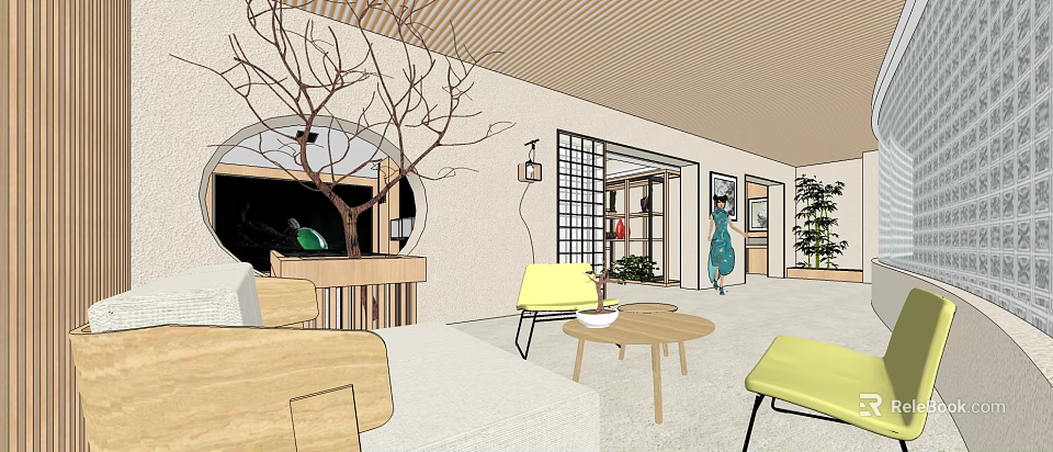 Modern Interior Design With Yellow Chairs Wooden Round Table Tree Branch Decoration And Grid Door 3d model 