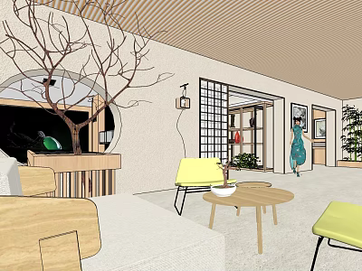 Modern Interior Design With Yellow Chairs Wooden Round Table Tree Branch Decoration And Grid Door 3d model