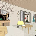 Modern Interior Design With Yellow Chairs Wooden Round Table Tree Branch Decoration And Grid Door