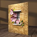 3D Brick Wall Decor with Pink Flowers Green Leaves and Window Design