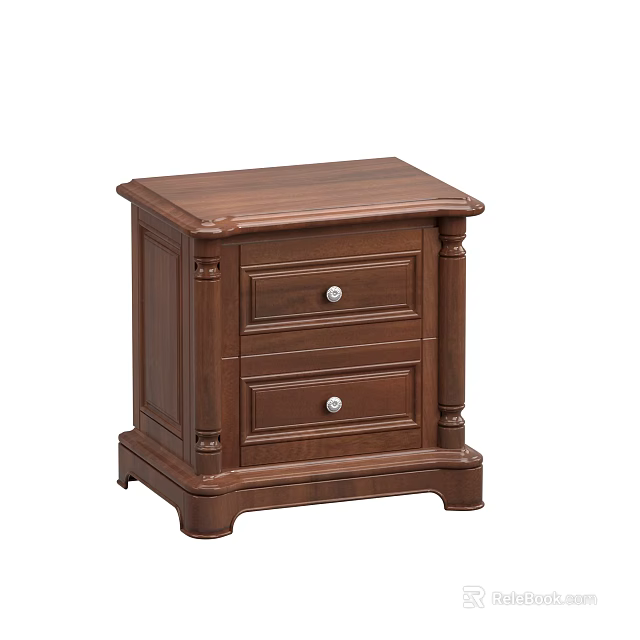 Classic Wooden Bedside Table With Two Drawers And Silver Knobs 3d model 