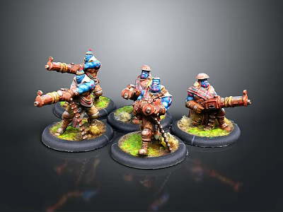 Painted Sci-Fi Warrior Miniature Figures With Weapons And Green Grass Bases 3d model