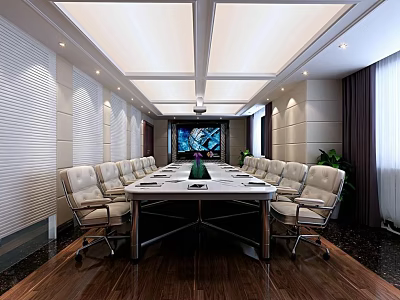 Modern Conference Room Interior With Long Table Projection Screen And Leather Chairs 3d model