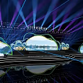 Ballroom for 2023 Cultural Tourism Festival with Curved Decorations Mountain Water Background Lighting and Seats