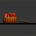 Fresh Strawberry Tart with Red Berries Striped Wafer Sticks and Powdered Sugar on Black Tray