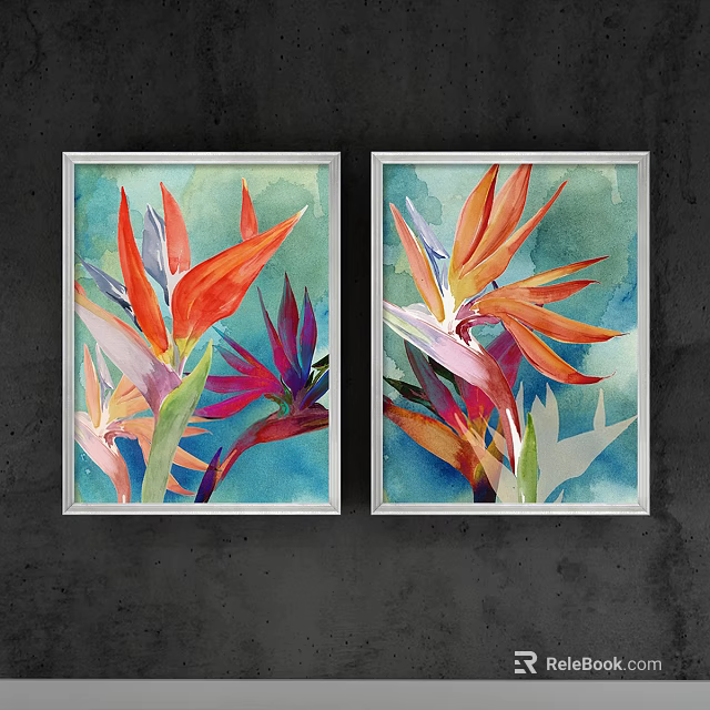 Vibrant Watercolor Botanical Paintings of Strelitzia Flowers in White Frames Hanging on Dark Wall 3d model 
