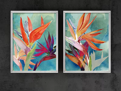 Vibrant Watercolor Botanical Paintings of Strelitzia Flowers in White Frames Hanging on Dark Wall 3d model
