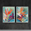 Vibrant Watercolor Botanical Paintings of Strelitzia Flowers in White Frames Hanging on Dark Wall