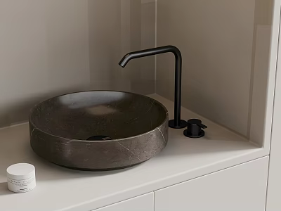 Contemporary Bathroom Round Stone Basin With Black Faucet On White Countertop 3d model