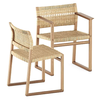 Modern Outdoor Chairs With Woven Rattan Seats And Wooden Armrest Frames 3d model