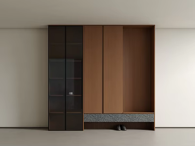 Modern Entryway Cabinet With Side Cabinet Glass Doors Light Brown Panels And Stone Base 3d model