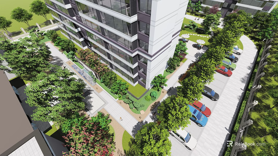 Residential Garden Landscape Design With High Rise Building Surrounding Greenery Trees And Parking Spaces 3d model 