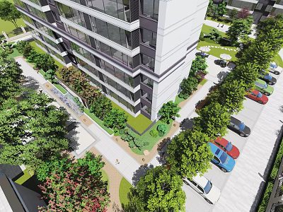 Residential Garden Landscape Design With High Rise Building Surrounding Greenery Trees And Parking Spaces 3d model