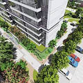 Residential Garden Landscape Design With High Rise Building Surrounding Greenery Trees And Parking Spaces