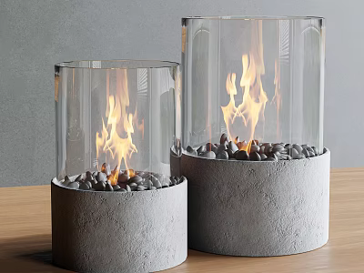Two Transparent Glass Fireplaces With Gray Concrete Base Stones And Burning Flames On Wooden Table 3d model