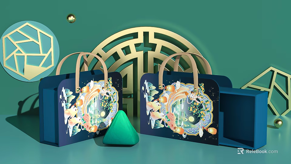 Chinese Style Gift Bags With Traditional Patterns And Golden Decorative Elements 3d model 