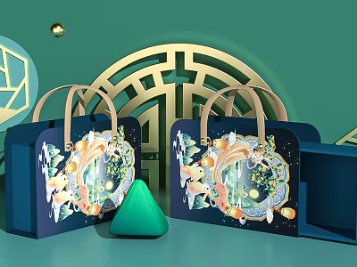 Chinese Style Gift Bags With Traditional Patterns And Golden Decorative Elements 3d model