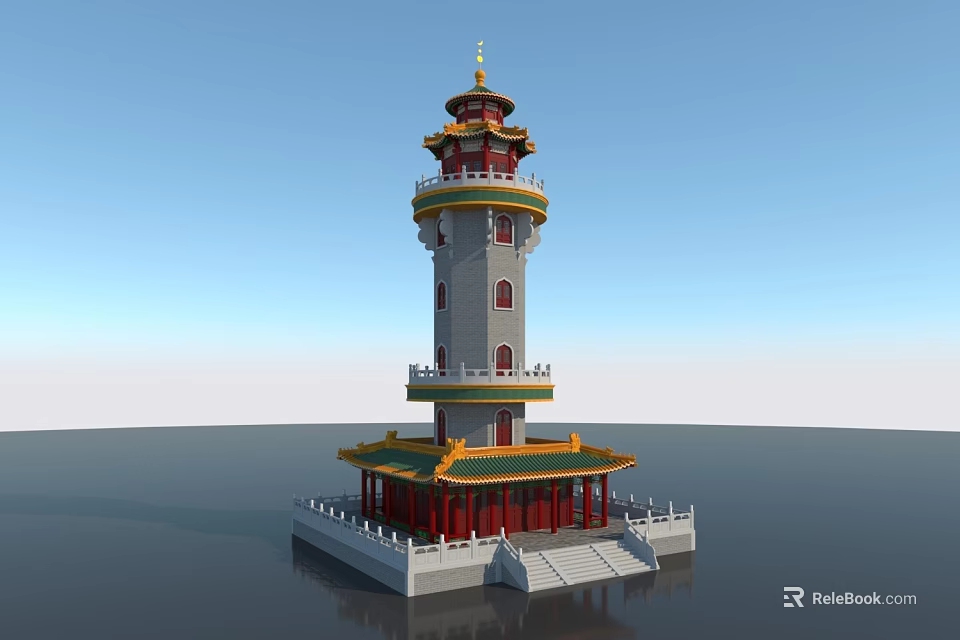 Ancient Chinese Pagoda With Multi Tiered Structure Golden Top And Red Base 3d model 