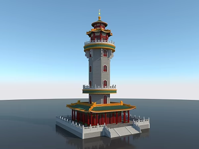 Ancient Chinese Pagoda With Multi Tiered Structure Golden Top And Red Base 3d model
