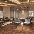 Luxurious Chinese Private Room Interior With Wooden Furniture Round Table Pendant Lights And Greenery