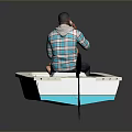 White Boat With Blue Accents Outboard Motor And Two Seated People