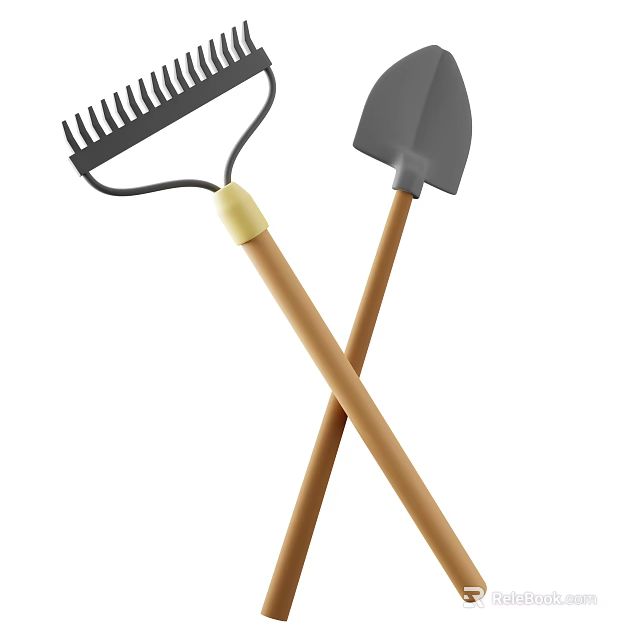 Essential Agricultural Equipment Rake And Shovel With Wooden Handles And Metal Heads 3d model 