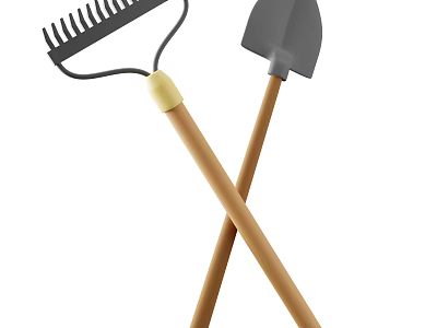 Essential Agricultural Equipment Rake And Shovel With Wooden Handles And Metal Heads 3d model