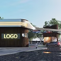 Modern Entrance Gate With Wooden Pillars Curved Canopy Surrounded By Trees