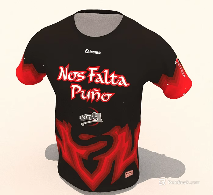Black T-shirt With Red Sleeves Featuring Nos Falta Puno Text And Flame Design 3d model