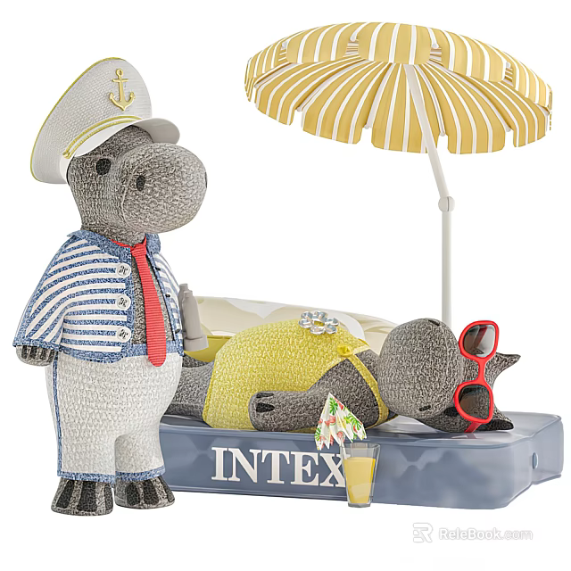 Hippo Stuffed Toys Sailor Outfit Lying On Inflatable Mat With Yellow Striped Umbrella Red Sunglasses 3d model 