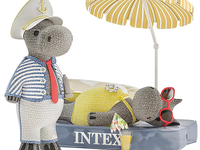 Hippo Stuffed Toys Sailor Outfit Lying On Inflatable Mat With Yellow Striped Umbrella Red Sunglasses 3d model