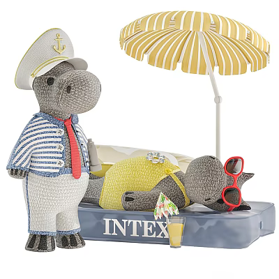 Hippo Stuffed Toys Sailor Outfit Lying On Inflatable Mat With Yellow Striped Umbrella Red Sunglasses 3d model