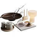 Decorative Ornament Set Featuring Wooden Tray Branches Candles Table Lamp Mugs Glass Cloche And Seashell