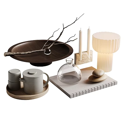 Decorative Ornament Set Featuring Wooden Tray Branches Candles Table Lamp Mugs Glass Cloche And Seashell 3d model