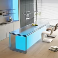 Modern Glass Bar Counter With Blue Lighting In Open Kitchen And Chairs