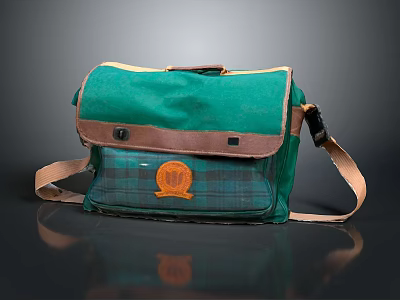 Green Canvas Crossbody Bag With Brown Accents Orange Crest And Plaid Design 3d model