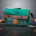 Green Canvas Crossbody Bag With Brown Accents Orange Crest And Plaid Design