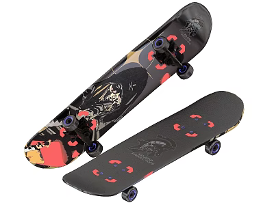 Stylish Black Skateboards with Red Heart Patterns Graphics and Durable Wheels 3d model