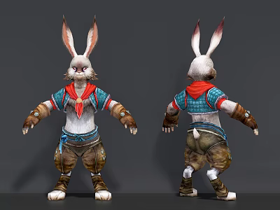 Anthropomorphic Rabbit Game Movie Character With Large Ears Red Scarf Blue Tunic And Brown Pants 3d model