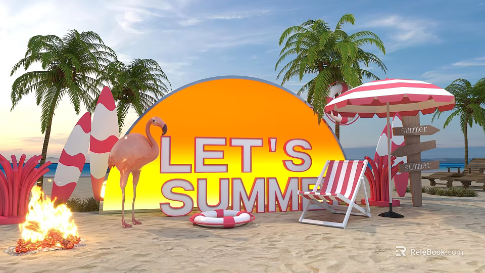 Summer Beach Setup With Let's Summer Sign Flamingo Beach Chair Striped Umbrella Surfboard And Lifesaver 3d model 