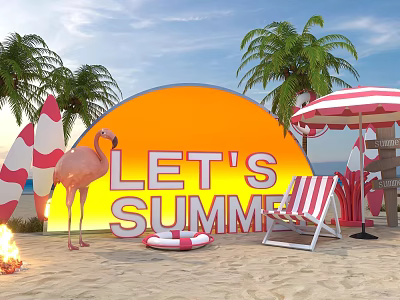 Summer Beach Setup With Let's Summer Sign Flamingo Beach Chair Striped Umbrella Surfboard And Lifesaver 3d model