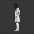 A Woman in White Coat and Pants Standing with Hands on Hips Against Gray Background