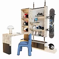 Wooden Desk With Blue Chair And Shelves Featuring Helmets Motorcycle Model And Snowboard