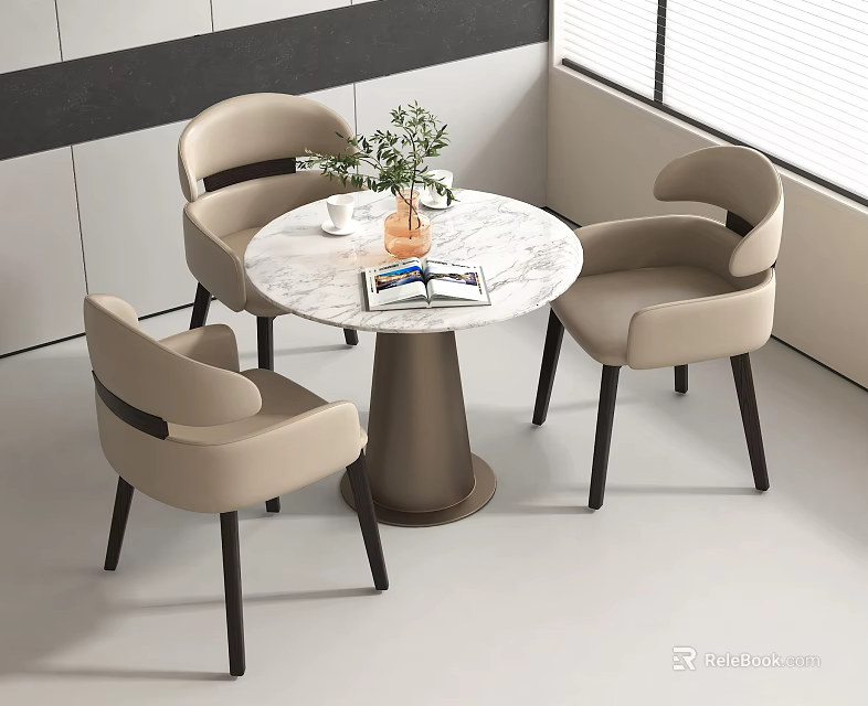 Modern Round Marble Dining Table With Beige Chairs And Metal Base 3d model