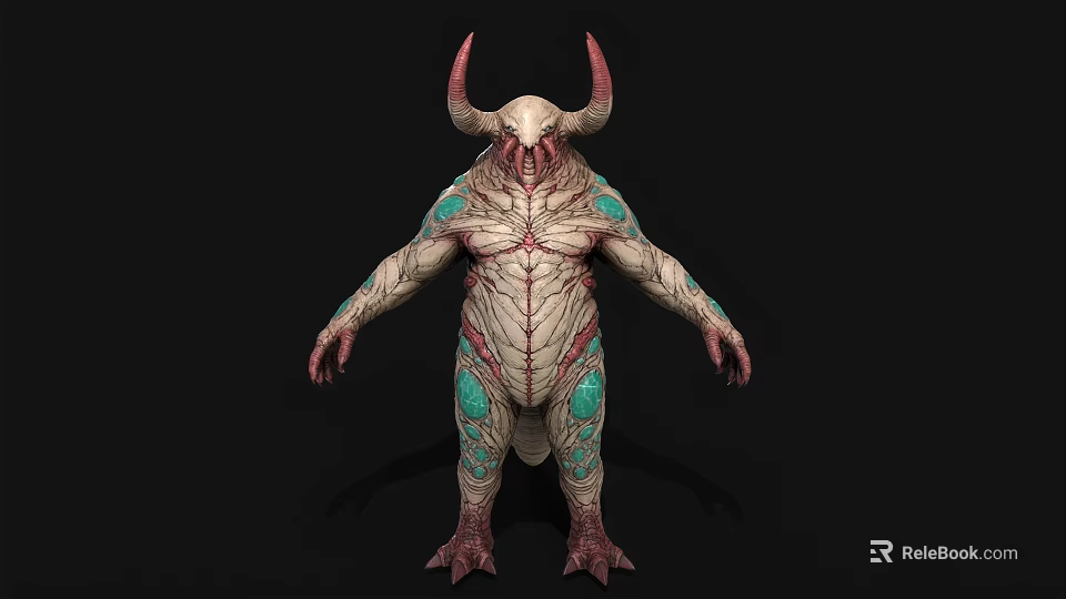 Mythical Horned Creature 3D Model With Textured Skin And Red Green Details 3d model 