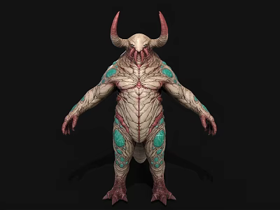 Mythical Horned Creature 3D Model With Textured Skin And Red Green Details 3d model