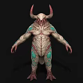 Mythical Horned Creature 3D Model With Textured Skin And Red Green Details