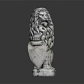 Detailed Lion Statue With Curly Mane Holding Shield On Stone Pedestal